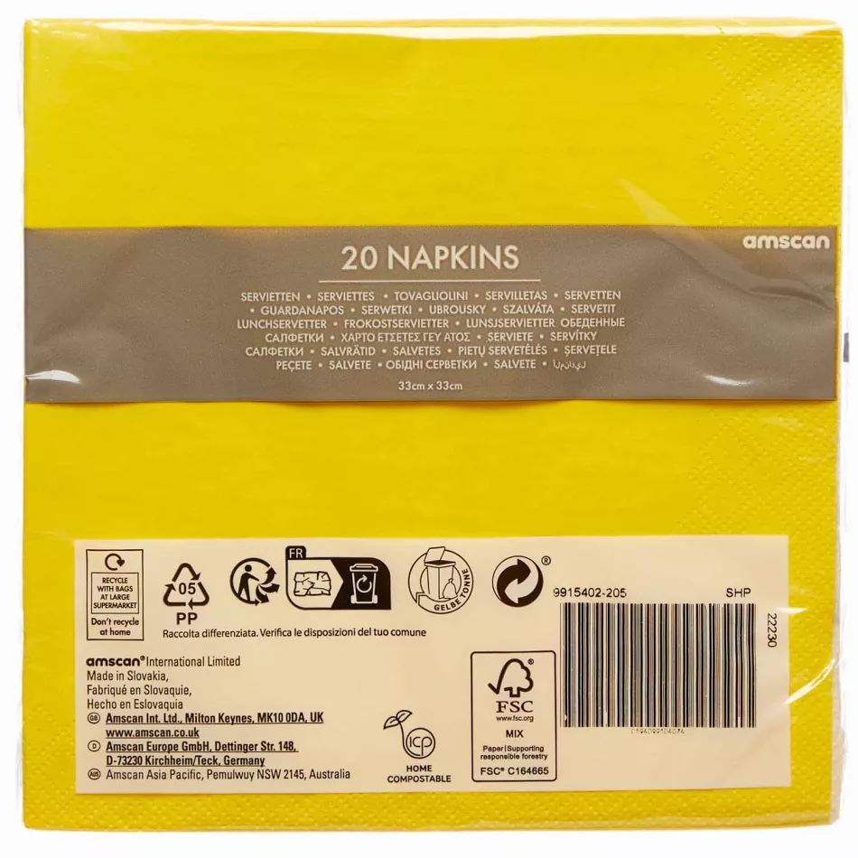 20 tovaglioli ecologici giallo sole 33cm