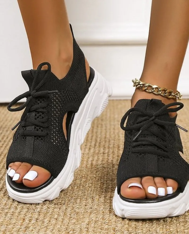 2022 Nuove Donne di Estate Sandali In Maglia Maglia Traspirante Scarpe Fondo Spesso Open Toe Lace Up Sandali Donna Scarpe Casual