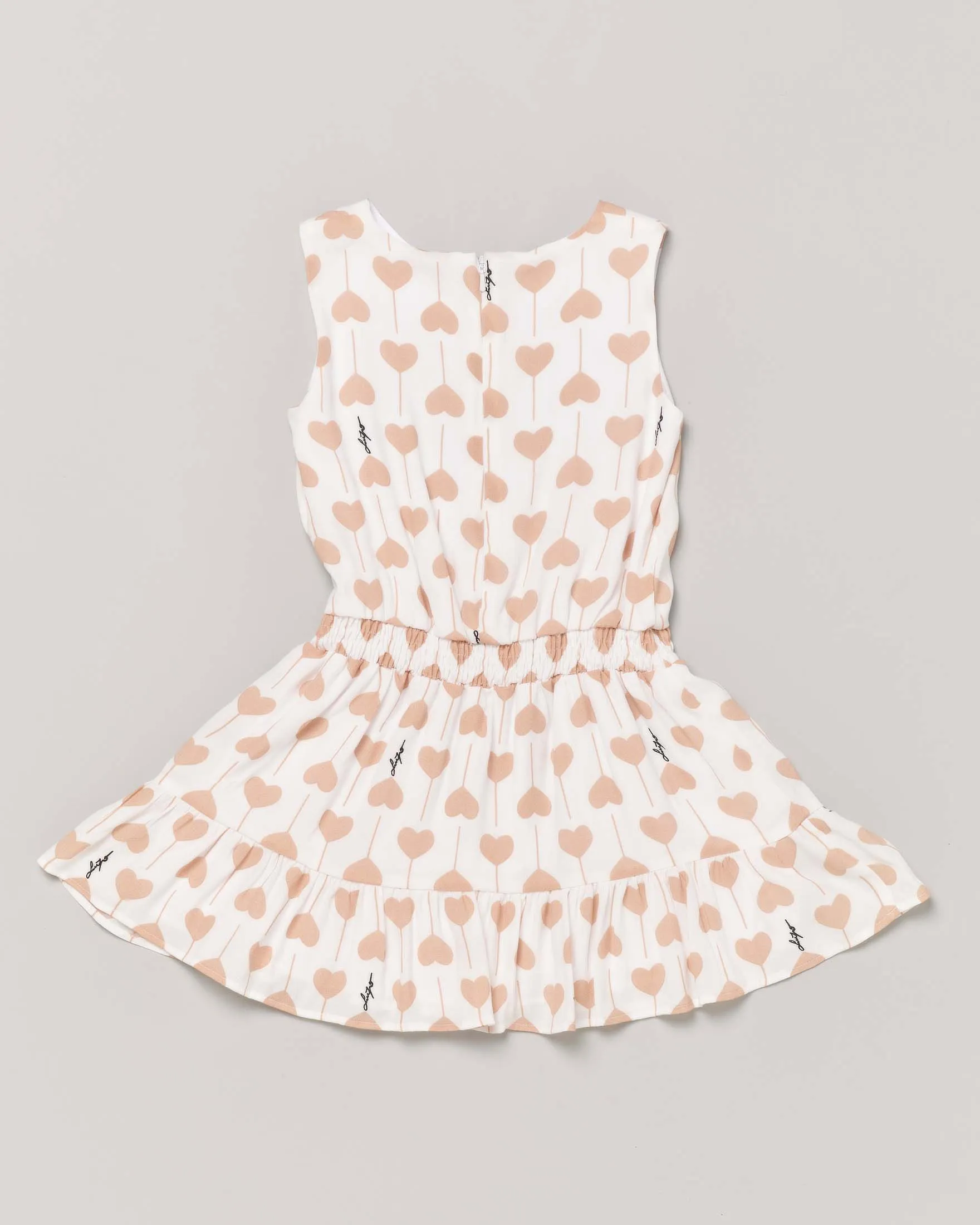 Abito bianco smanicato con stampa cuori cammello e balza al fondo 3-7 anni