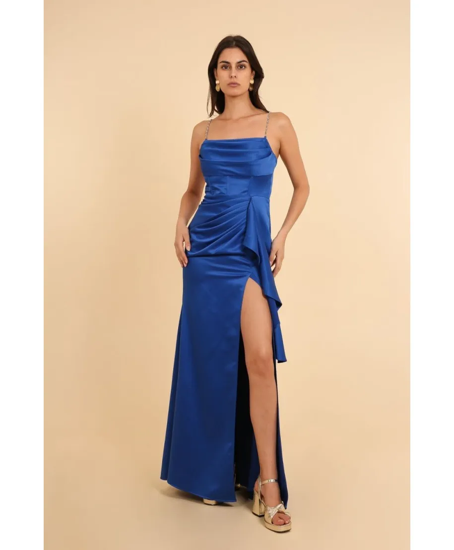 Abito da donna elegante - Lungo -  spacco sulla gamba - colore blu fiordaliso