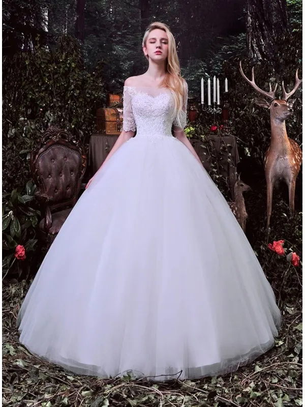 Abito da Sposa economico con gonna di tulle a palloncino e corpetto di pizzo con scollo a barchetta
