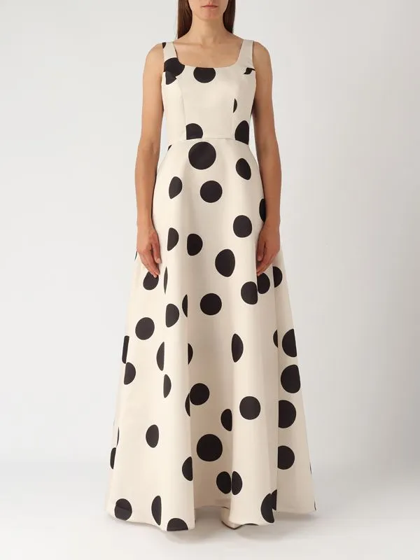 Abito donna Giada Curti in tessuto duchesse con gonna svasata Pois-Panna-Nero