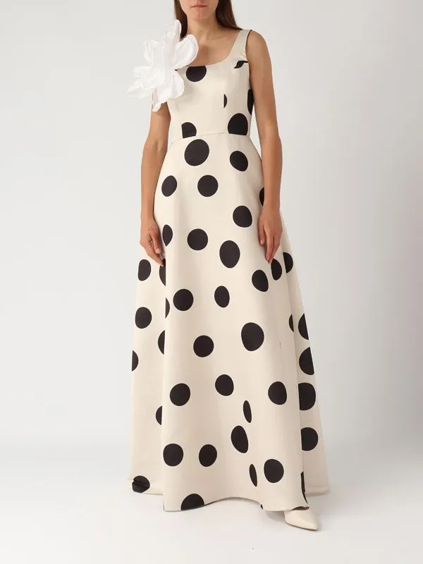 Abito donna Giada Curti in tessuto duchesse con gonna svasata Pois-Panna-Nero