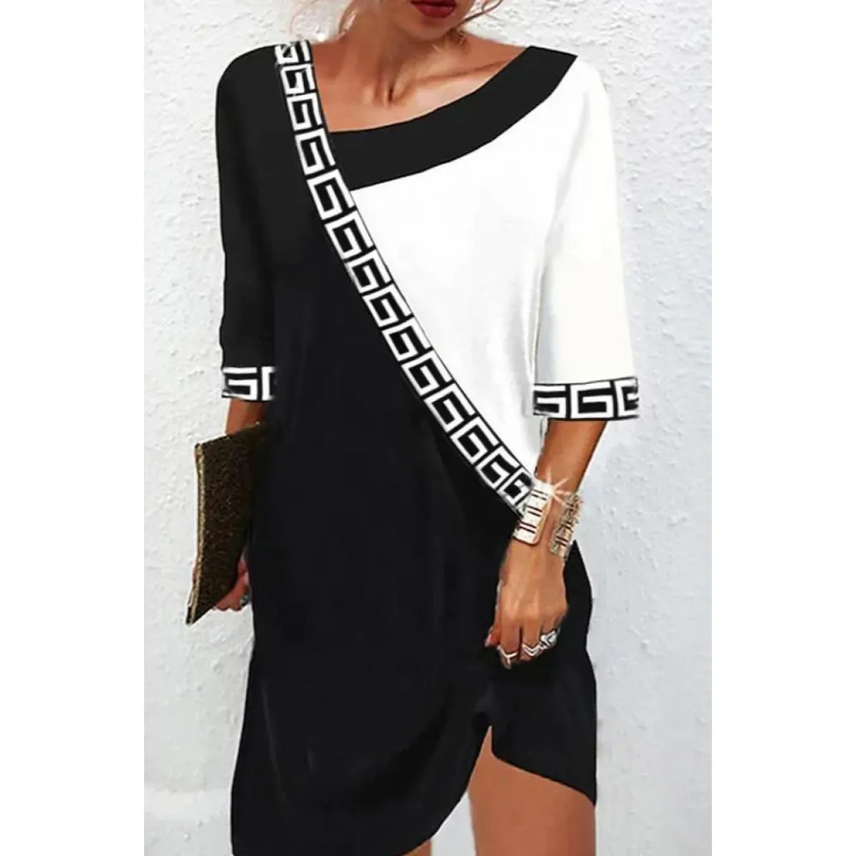Abito elegante con stampa geometrica, bianco e nero