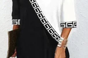 Abito elegante con stampa geometrica, bianco e nero
