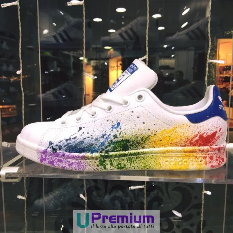 Adidas Stan Smith Pride Bianco Blu Sfumate Schizzi Colorati Multicolor