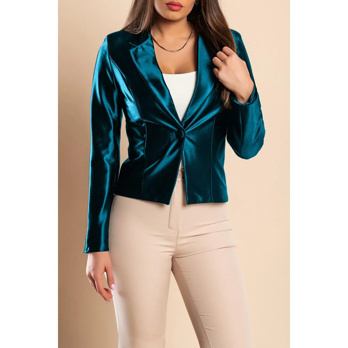 Blazer elegante realizzato in simil raso, petrolio