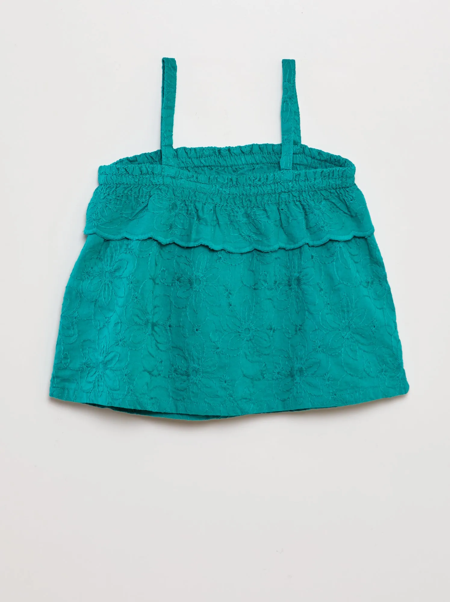 Blusa con volant e ricami a punto inglese - VERDE