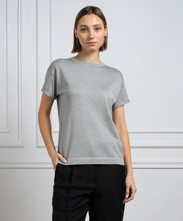 Brunello Cucinelli T-shirt grigia con cashmere e seta con lurex M41810000
