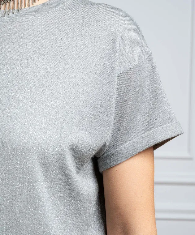 Brunello Cucinelli T-shirt grigia con cashmere e seta con lurex M41810000