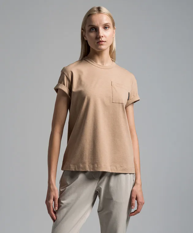 Brunello Cucinelli T-shirt marrone con catena monil realizzata in ecolathuni M0T18BB300