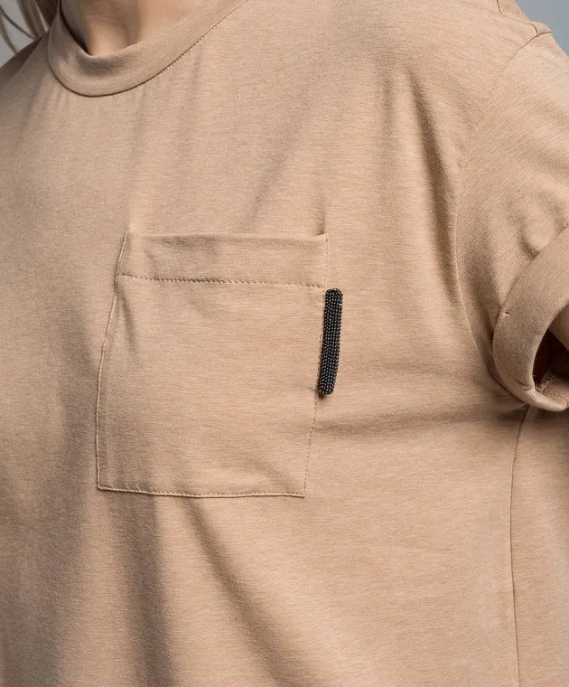 Brunello Cucinelli T-shirt marrone con catena monil realizzata in ecolathuni M0T18BB300