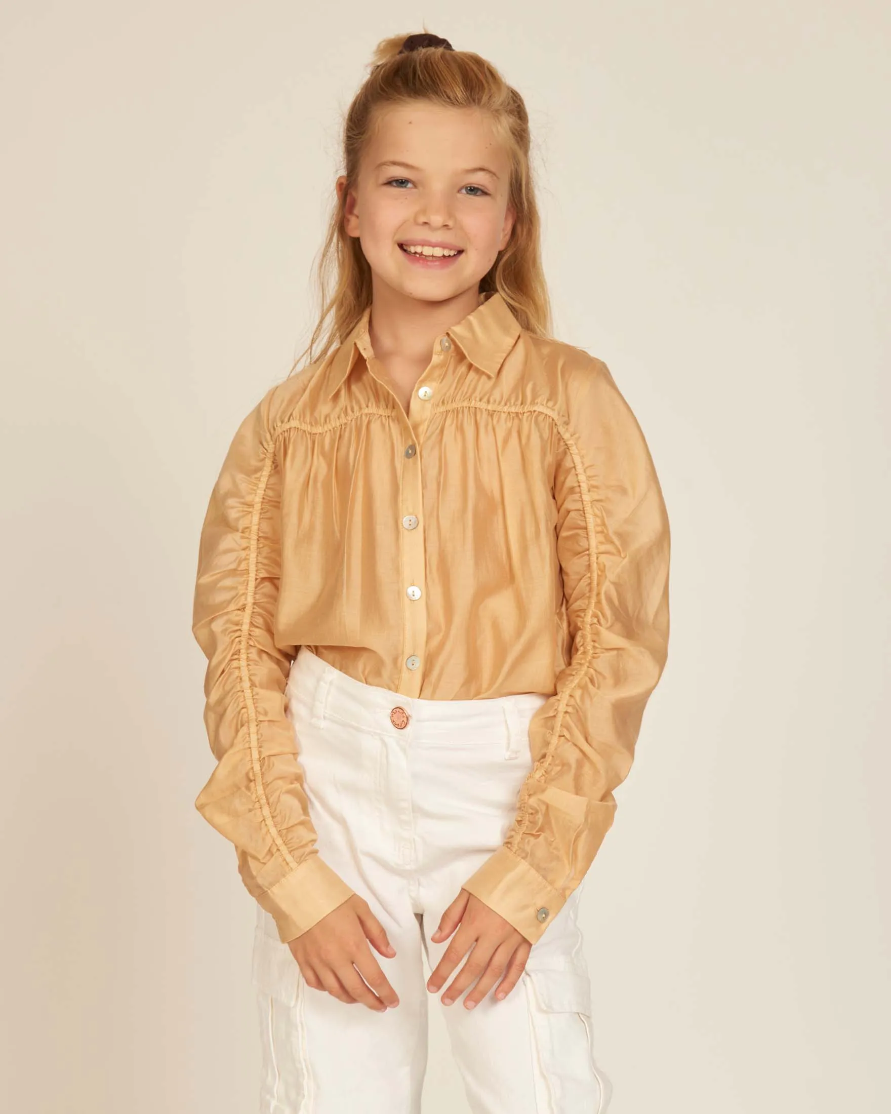 Camicia caramello a maniche lunghe arriciate 10-16 anni