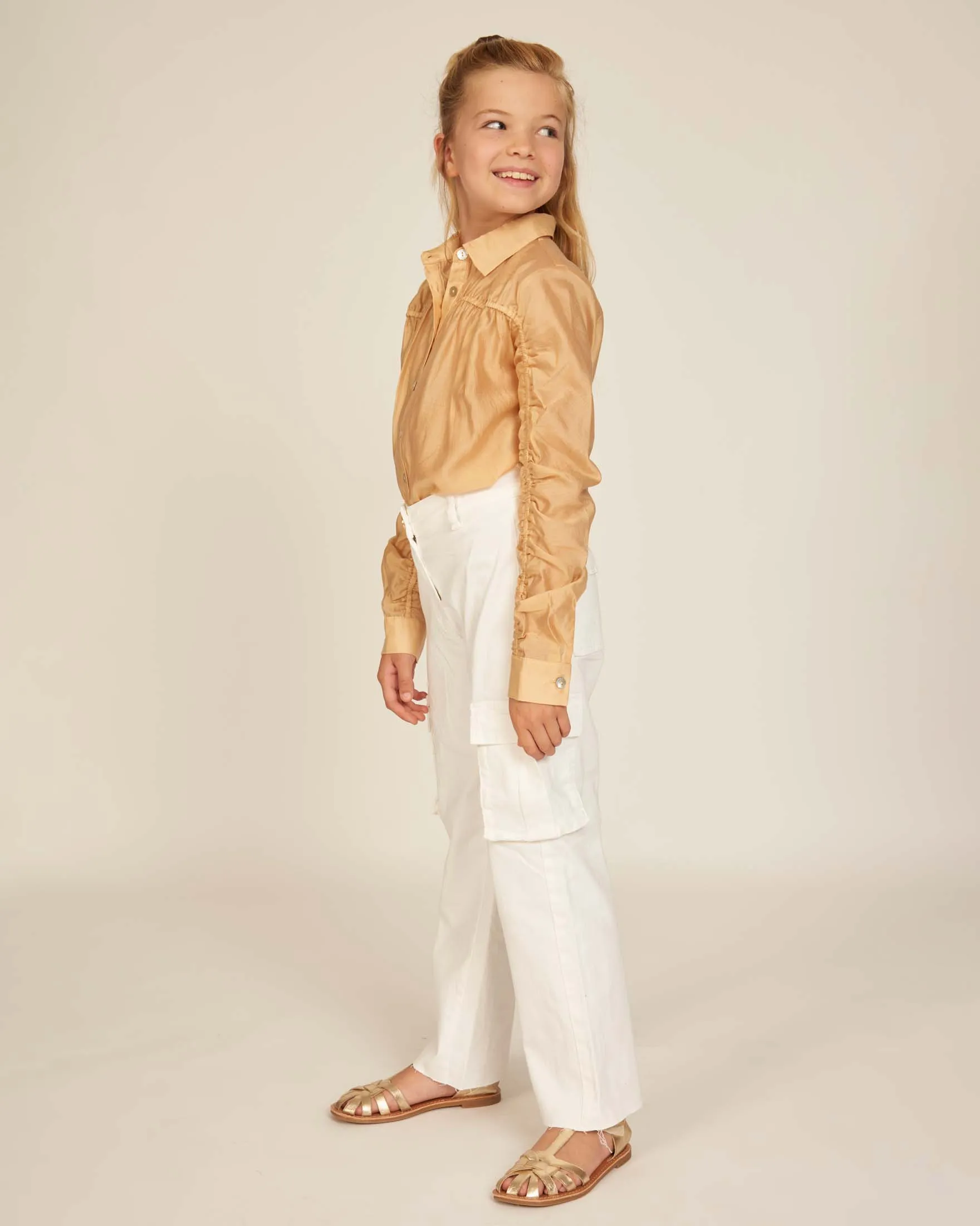 Camicia caramello a maniche lunghe arriciate 10-16 anni
