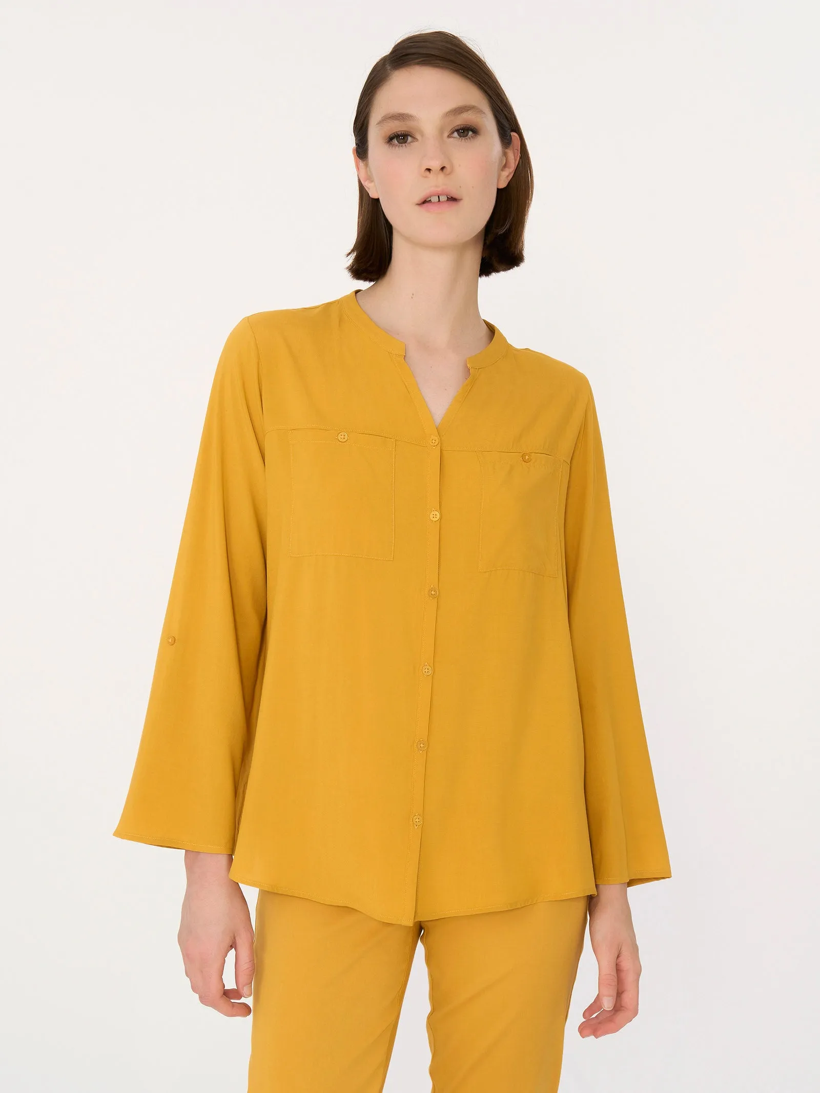 Camicia con collo alla coreana in EcoSeta - Orchid Petal