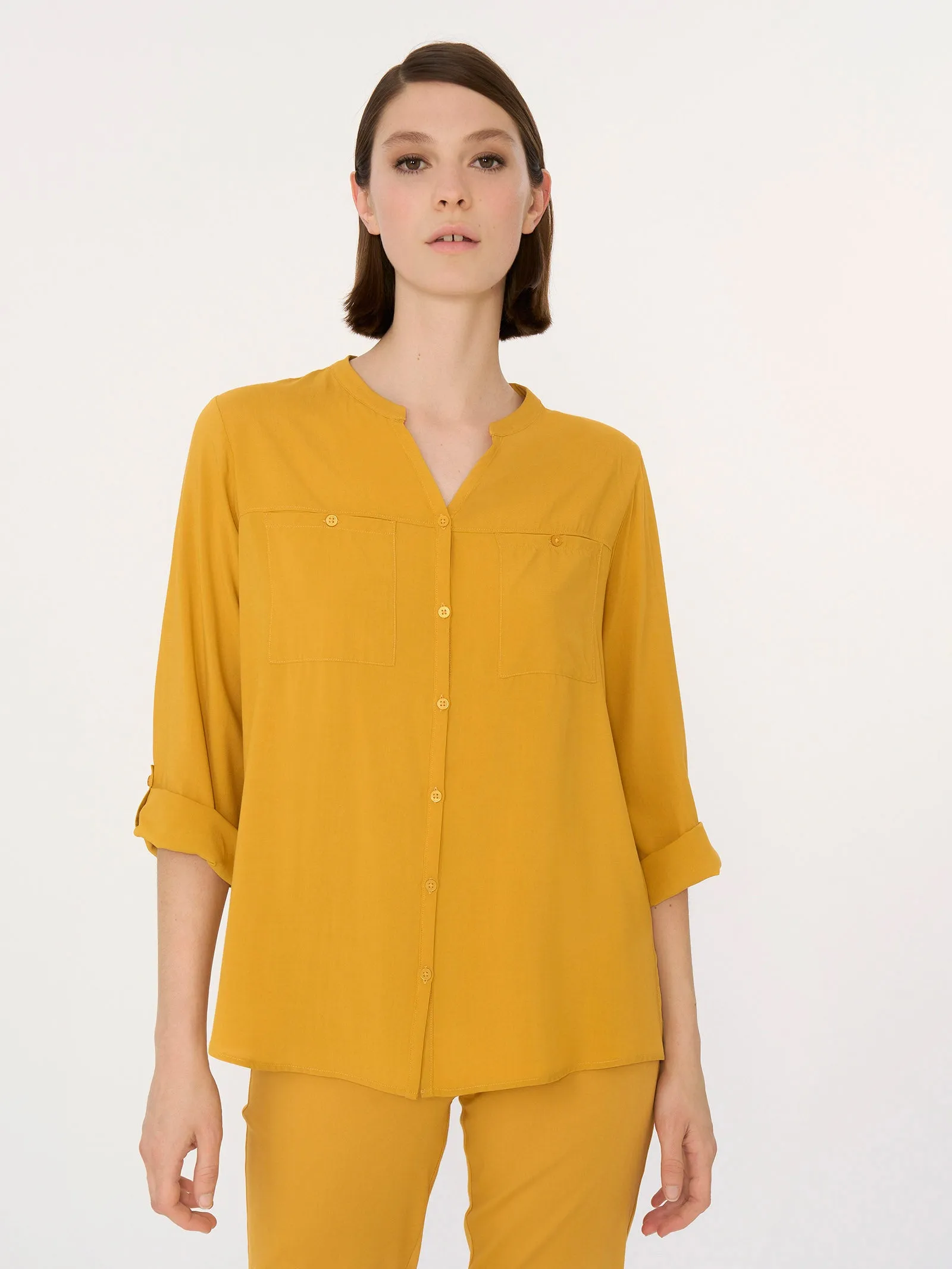 Camicia con collo alla coreana in EcoSeta - Orchid Petal