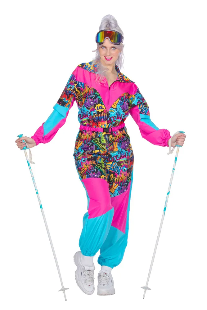 Costume da donna in tuta da sci retrò con graffiti
