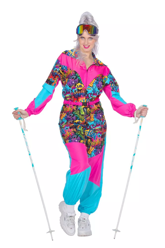 Costume da donna in tuta da sci retrò con graffiti