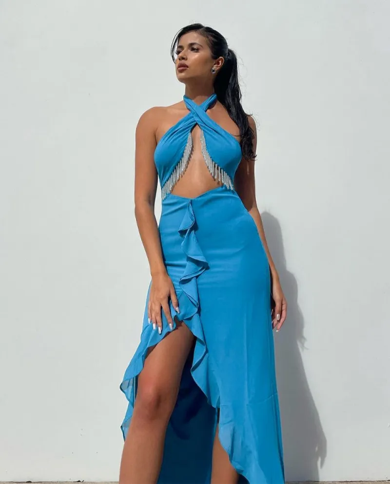 E gonna da donna 2023 primavera nuovo vestito sottile con temperamento arruffato sul retro aperto sul retro