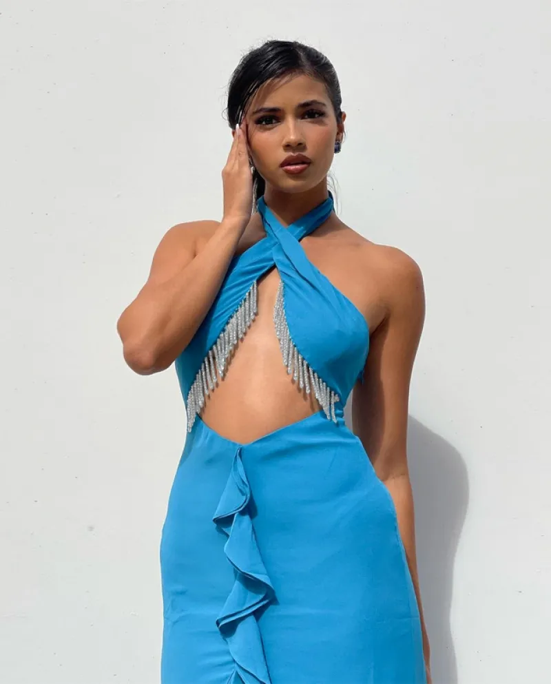E gonna da donna 2023 primavera nuovo vestito sottile con temperamento arruffato sul retro aperto sul retro