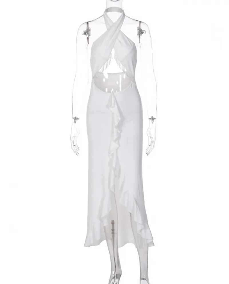 E gonna da donna 2023 primavera nuovo vestito sottile con temperamento arruffato sul retro aperto sul retro