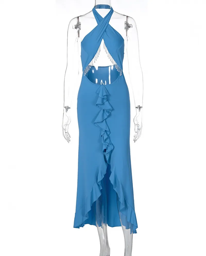 E gonna da donna 2023 primavera nuovo vestito sottile con temperamento arruffato sul retro aperto sul retro