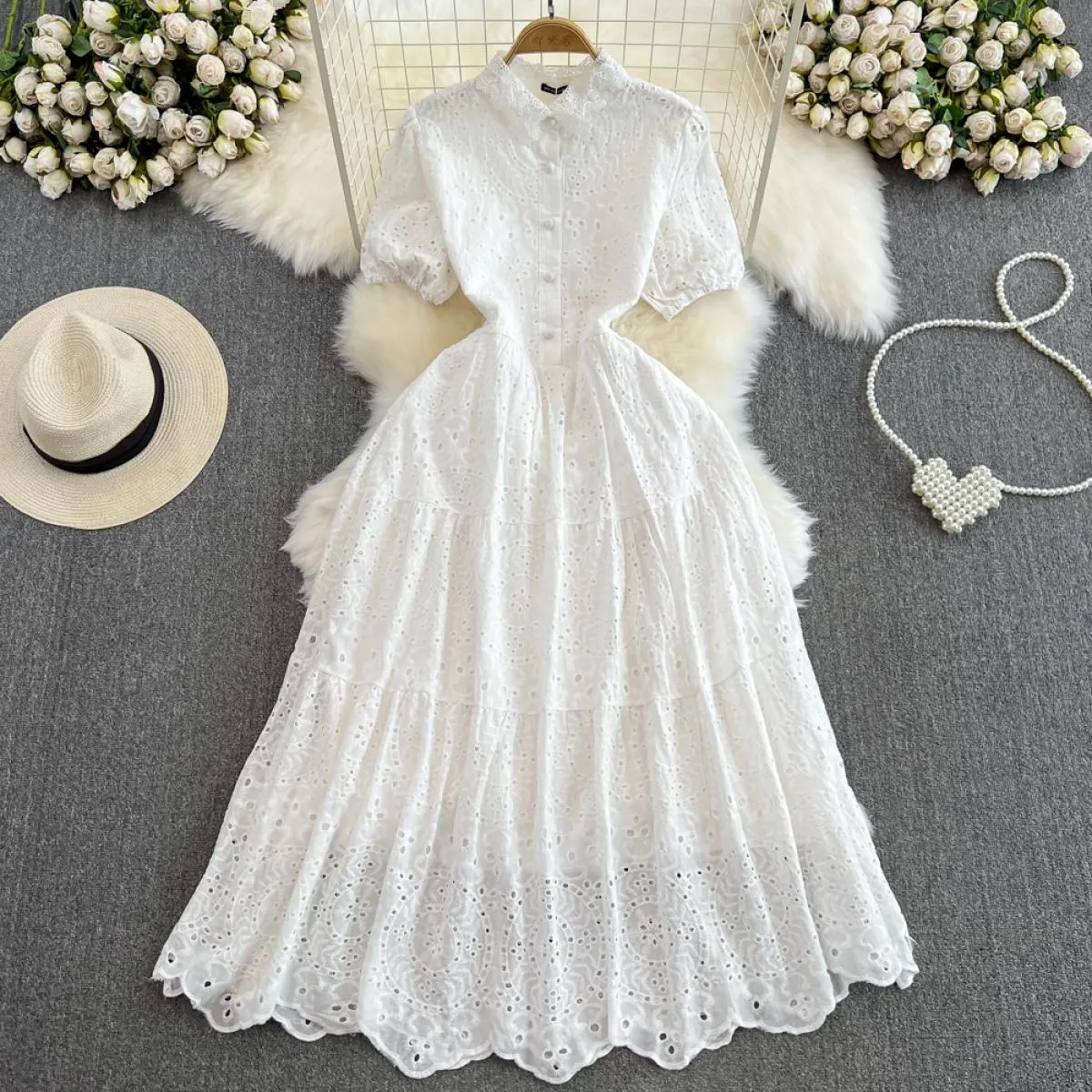 Estate Elegante Abito Lungo Boho Per Le Donne Del Merletto Floreale Risvolto Bottone Hollow Midi Abiti Femminili Festivo Traf Nu