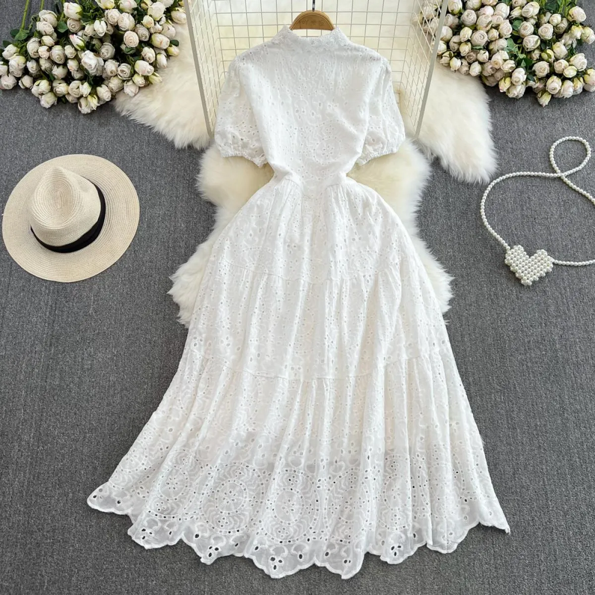 Estate Elegante Abito Lungo Boho Per Le Donne Del Merletto Floreale Risvolto Bottone Hollow Midi Abiti Femminili Festivo Traf Nu