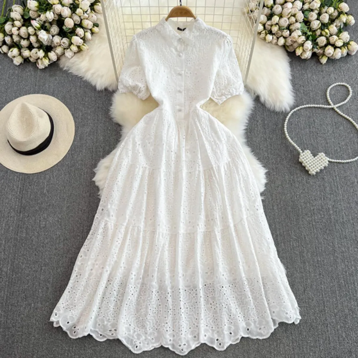 Estate Elegante Abito Lungo Boho Per Le Donne Del Merletto Floreale Risvolto Bottone Hollow Midi Abiti Femminili Festivo Traf Nu