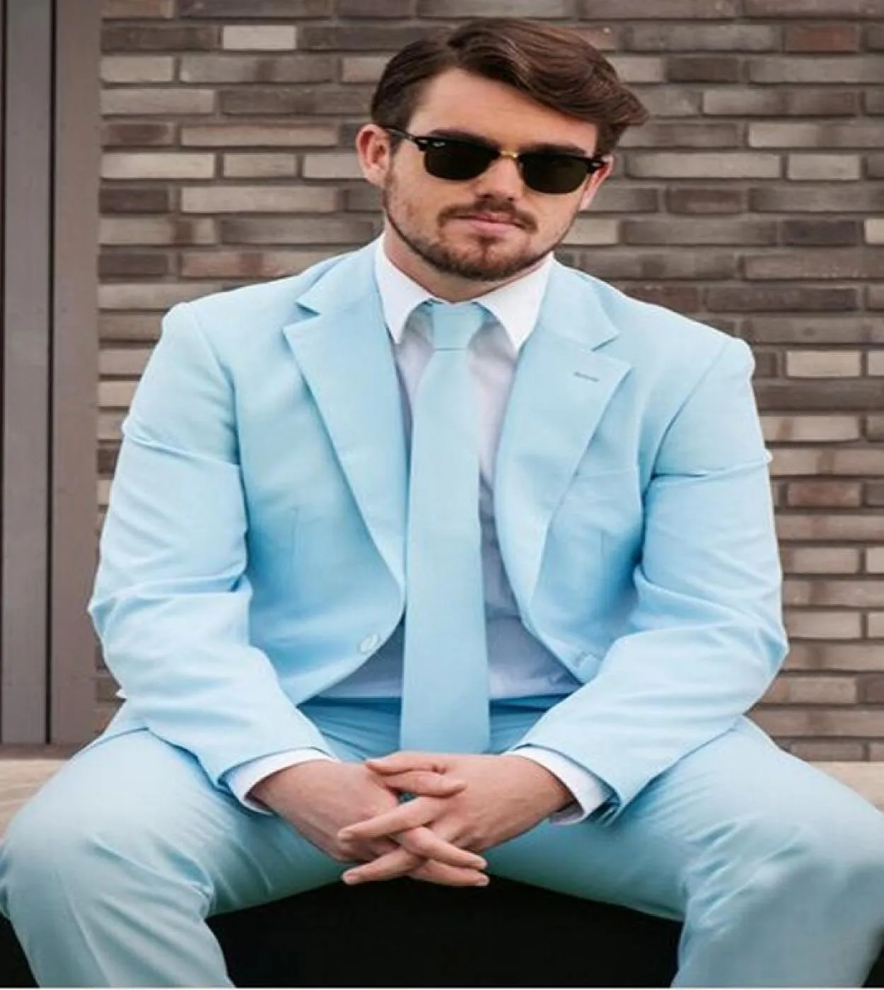 Fashion Light Blue Slim Fits Smoking da sposo Uomo Abito da festa Prom Blazer Coat Pantaloni Set Abiti da lavoro giacca  panta