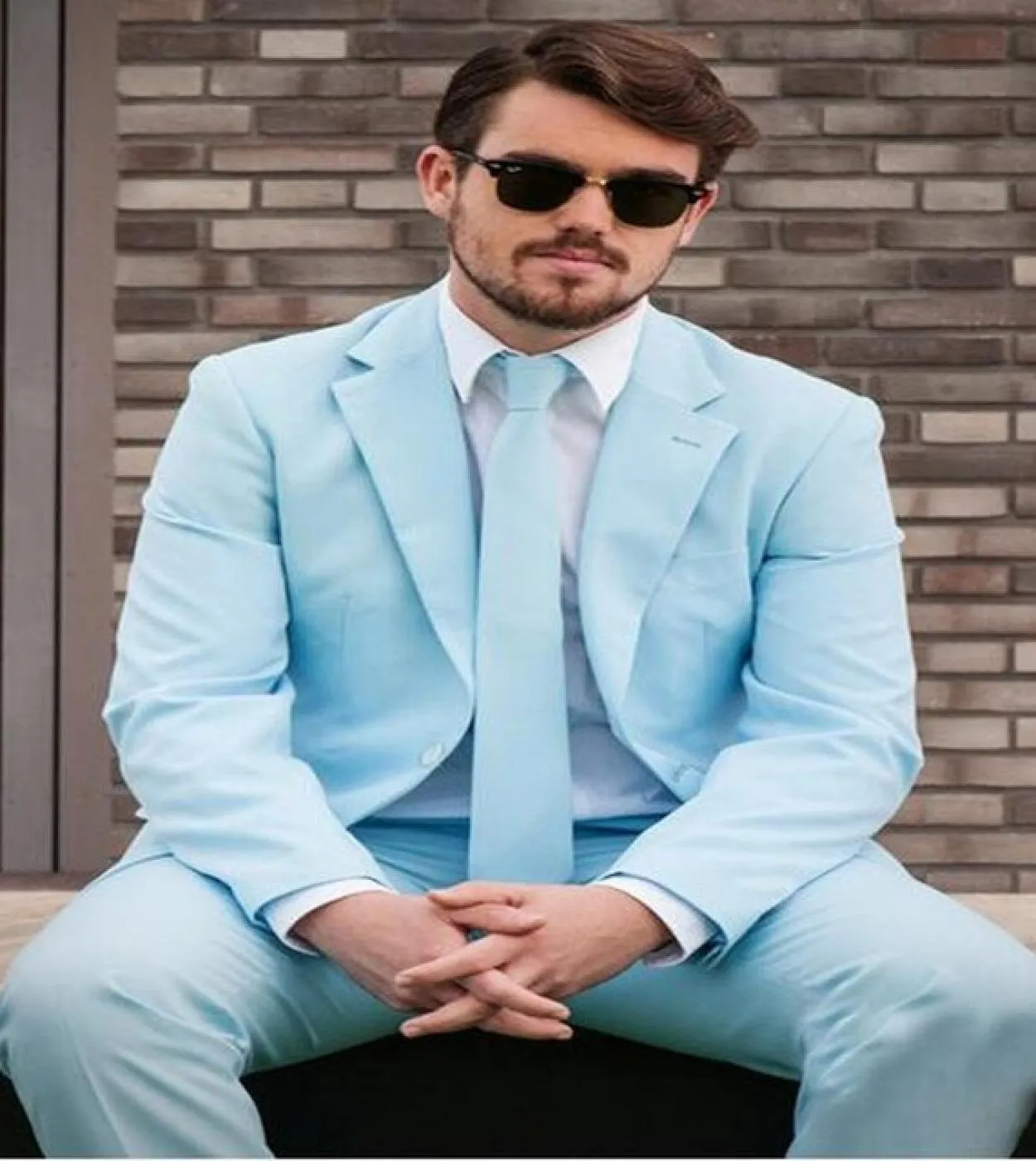 Fashion Light Blue Slim Fits Smoking da sposo Uomo Abito da festa Prom Blazer Coat Pantaloni Set Abiti da lavoro giacca  panta