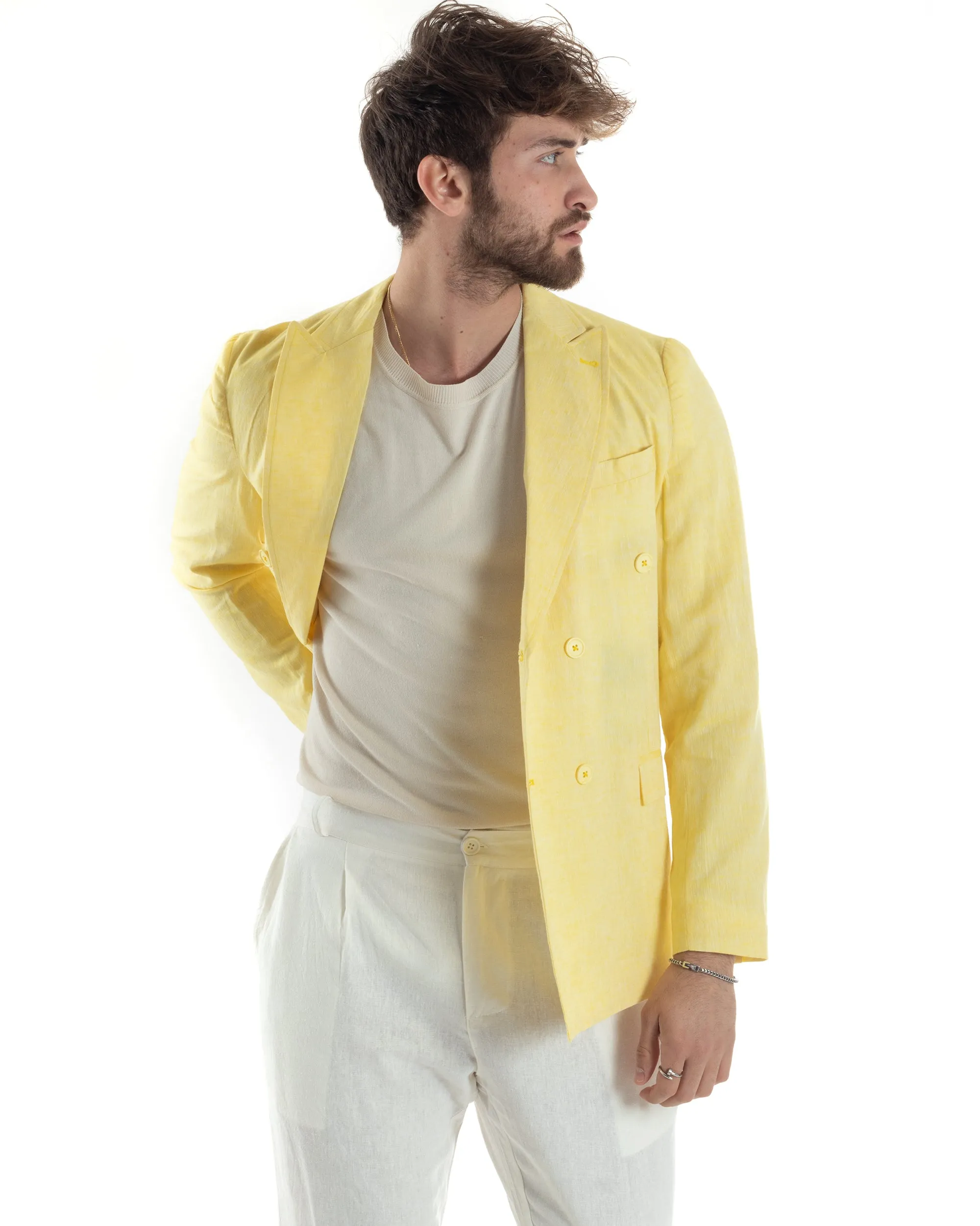 Giacca Uomo Lino Doppiopetto Melangiata Cerimonia Elegante Casual Giallo GIOSAL-G3181A