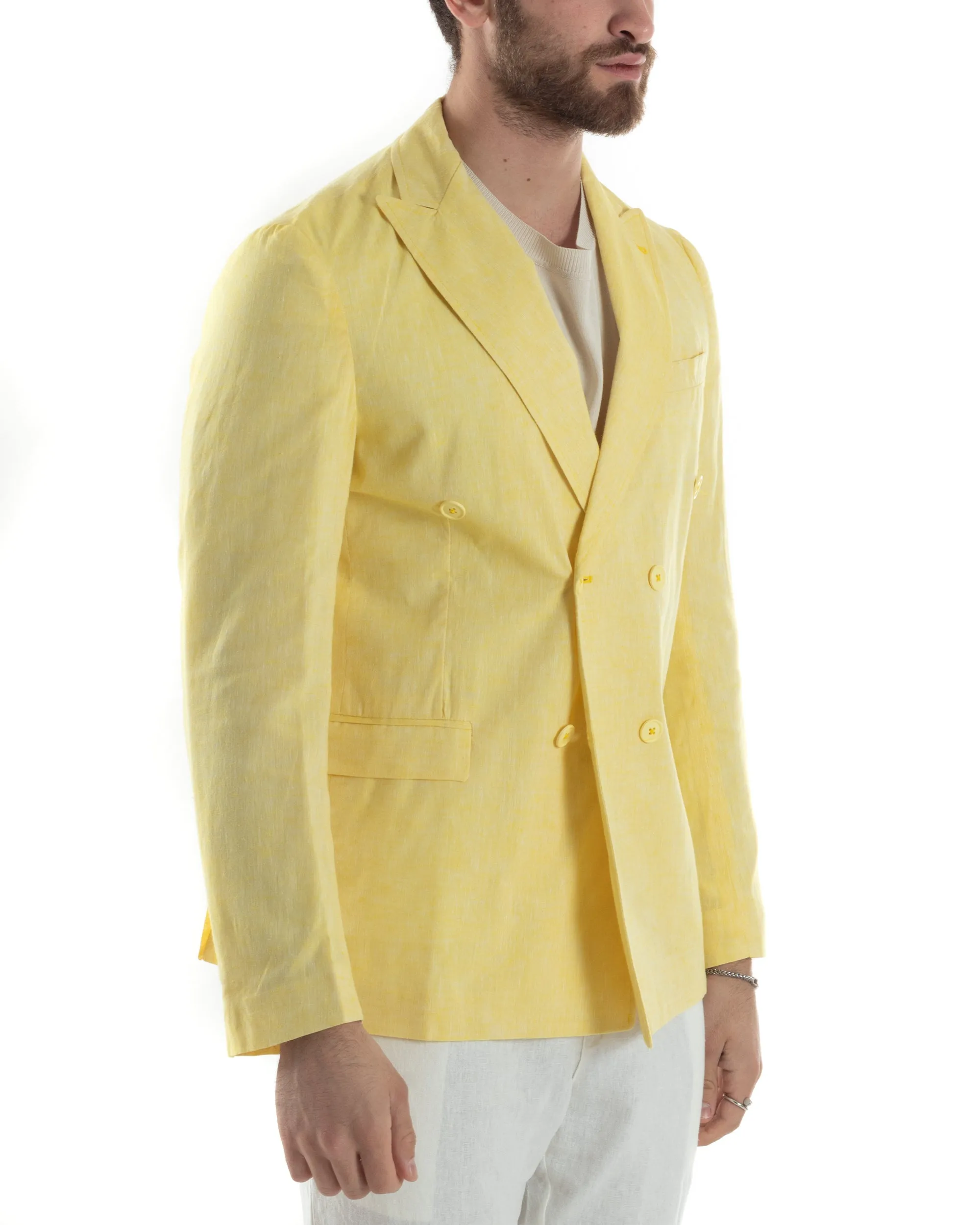 Giacca Uomo Lino Doppiopetto Melangiata Cerimonia Elegante Casual Giallo GIOSAL-G3181A