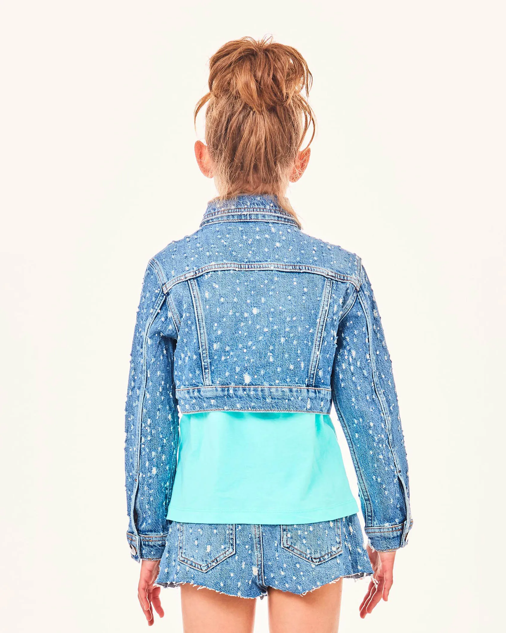 Giubbino cropped in denim a lavaggio medio in cotone con strass e rotture 10-16 anni