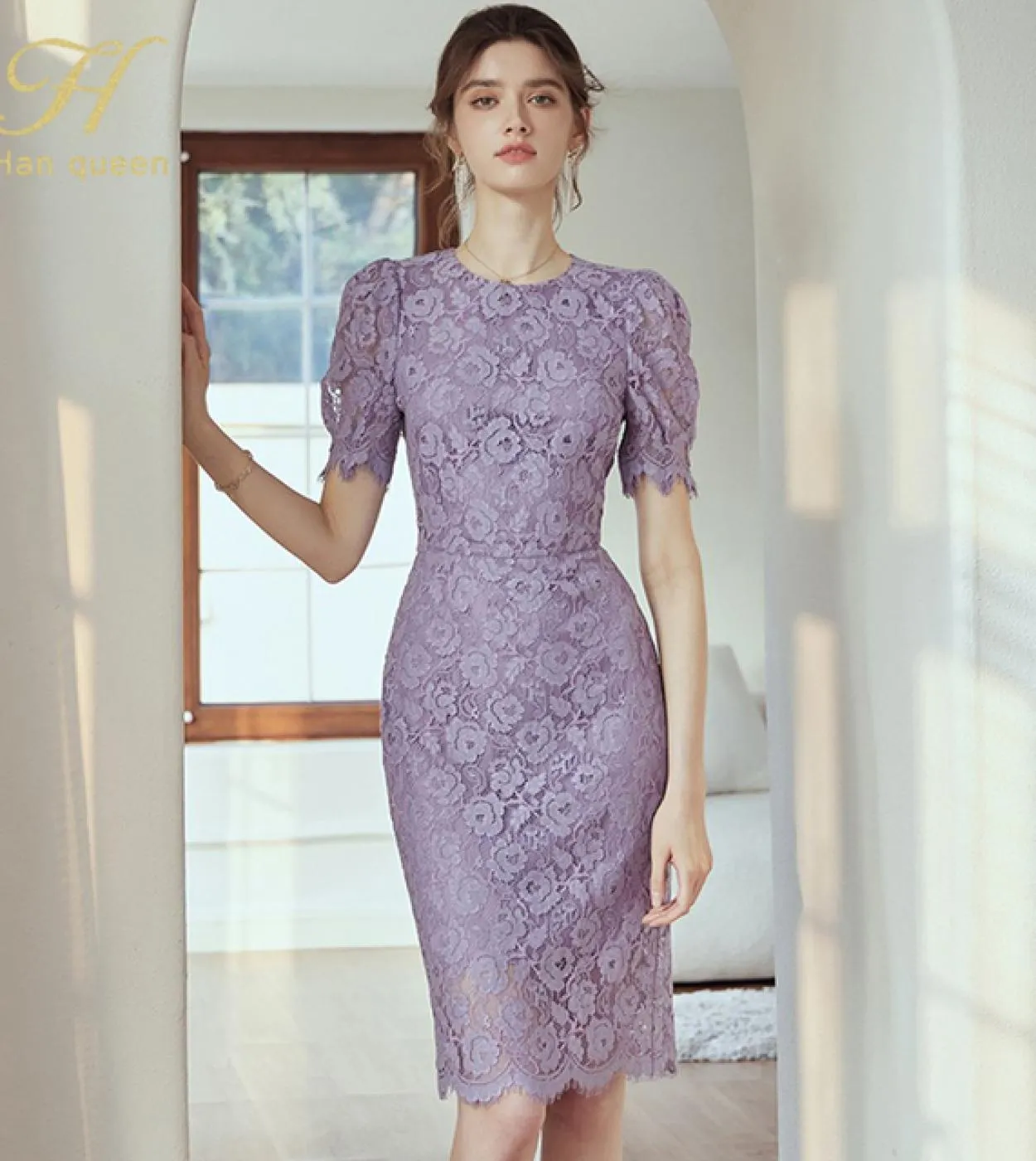 H Han Queen Abito elegante da ufficio con maniche a sbuffo da donna Abiti estivi in ​​pizzo a tubino Abiti da lavoro casual semp