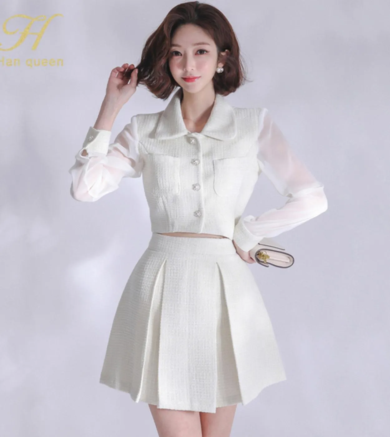 H Han Queen Set da 2 pezzi autunno bianco corto monopetto top moda mini gonna a trapezio gonna da donna casual chic