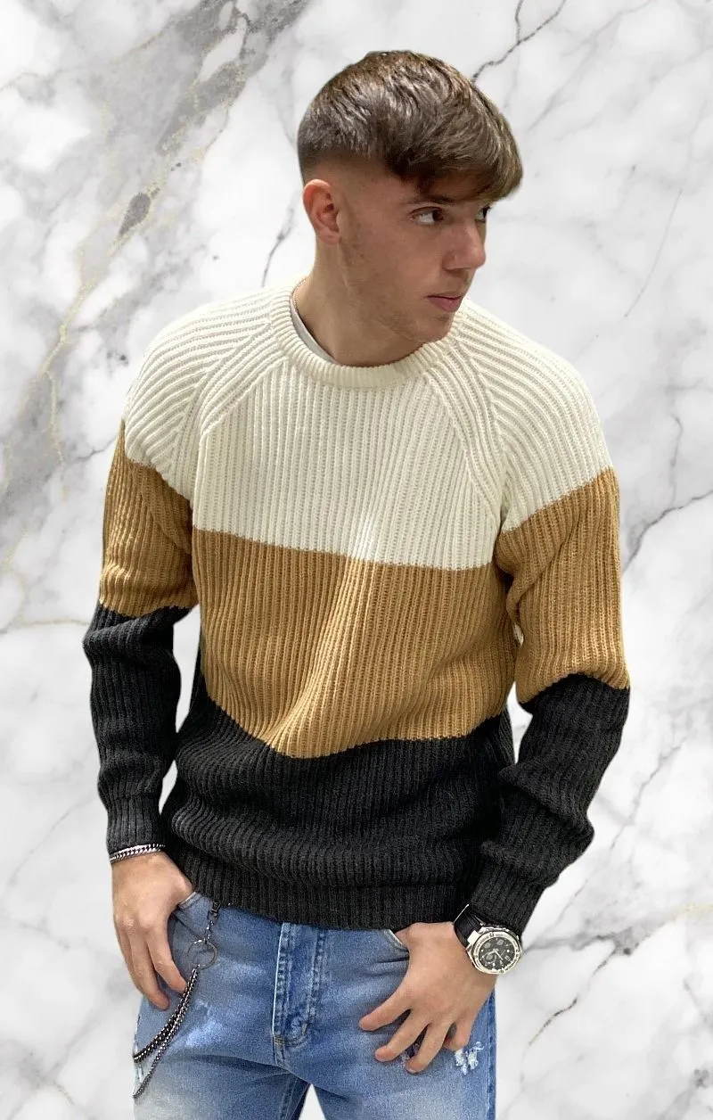 HAMAKI-HO Maglione a Righe - Bianco/Camel/Grigio