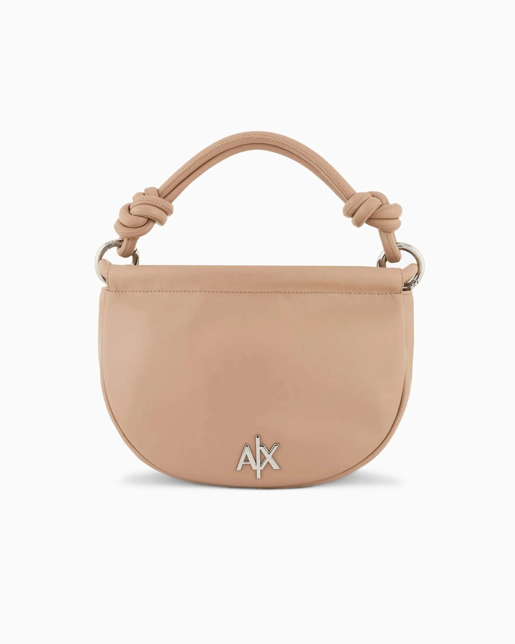 Hobo bag beige in similpelle liscia con manico a tubo con dettaglio nodi e logo sul davanti in metallo