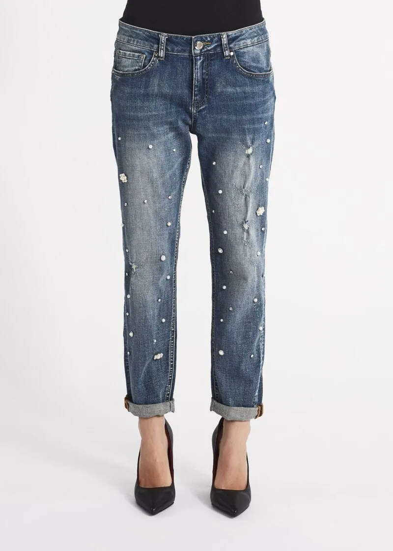 Jeans girlfriend con strass e perline