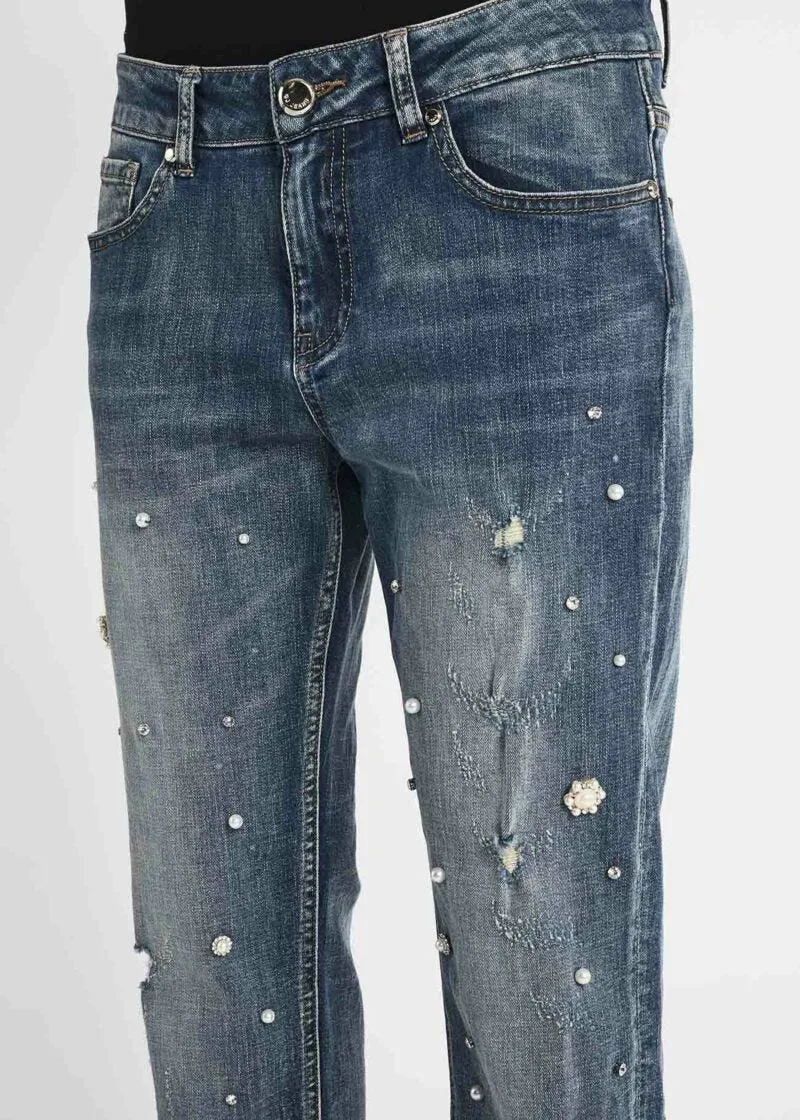 Jeans girlfriend con strass e perline