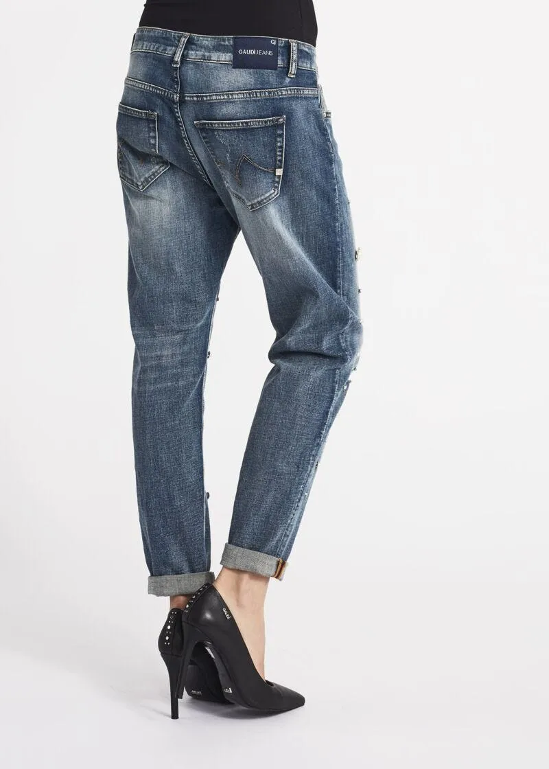 Jeans girlfriend con strass e perline