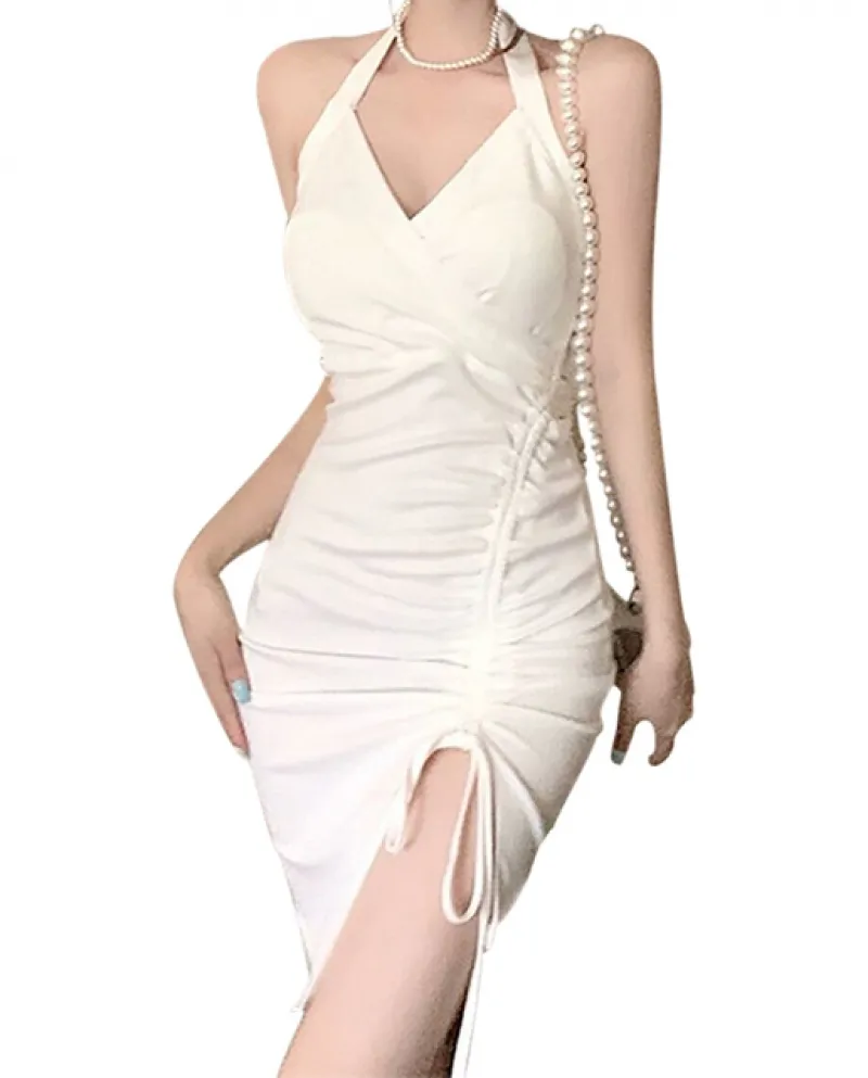 Kayotuas Abito da donna Summer Ladies Halter Backless Scollo a V plissettato Borsa aderente Guaina allanca Evening Party Split