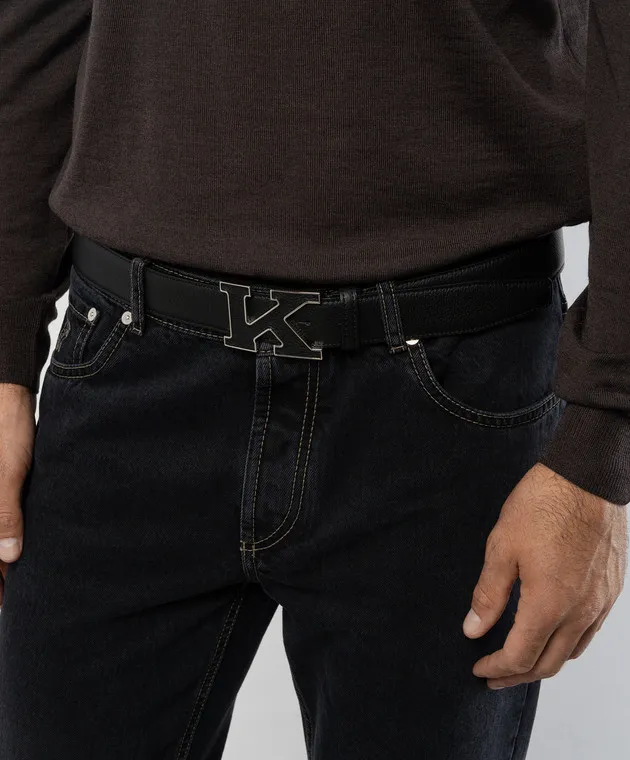 Kiton Cinturino in pelle nera con logo USC20PN01098
