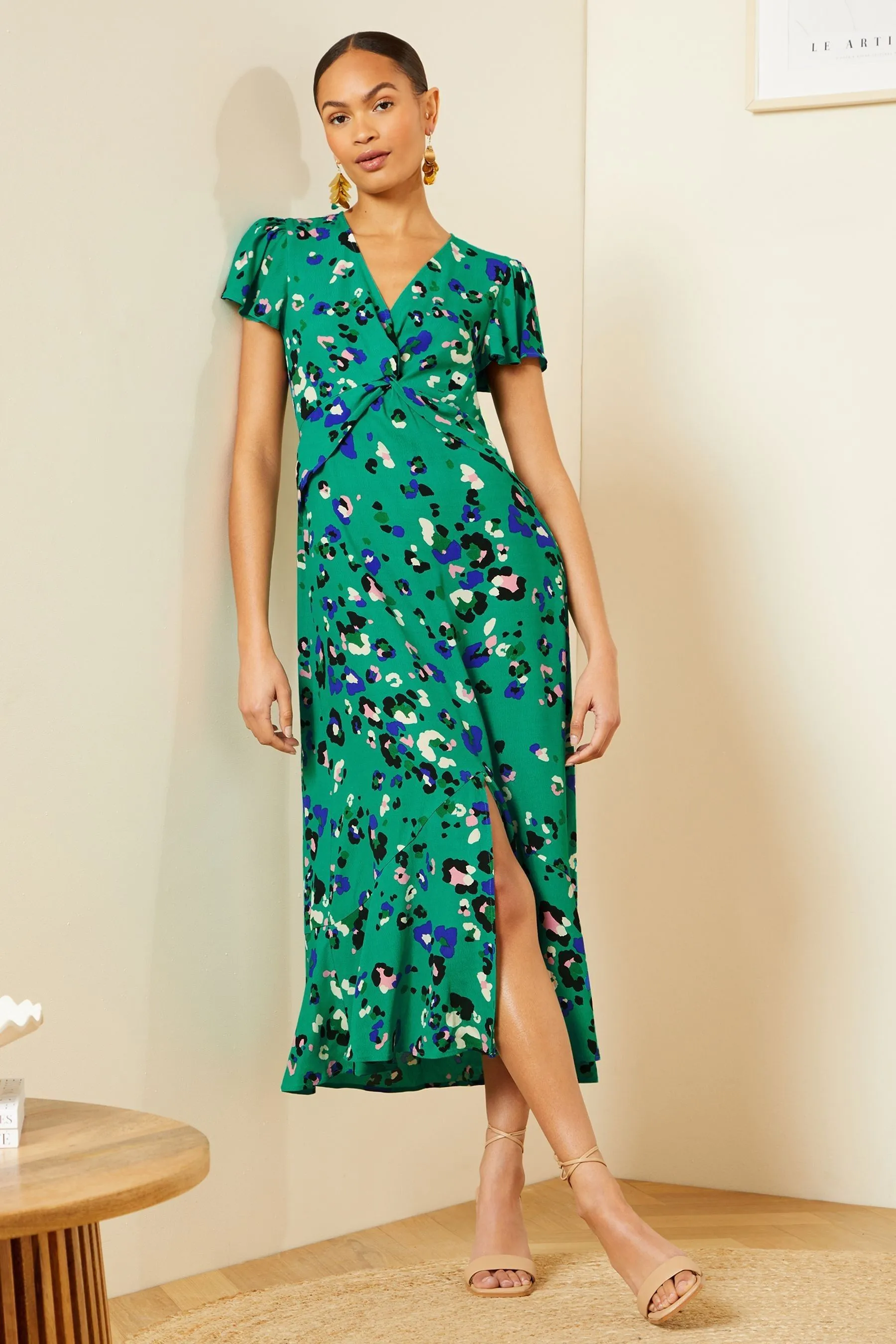 Love & Roses - Abito midi Scollo a V spacco frontale con dettaglio attorcigliato