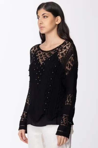 Maglia traforata con perline Nero