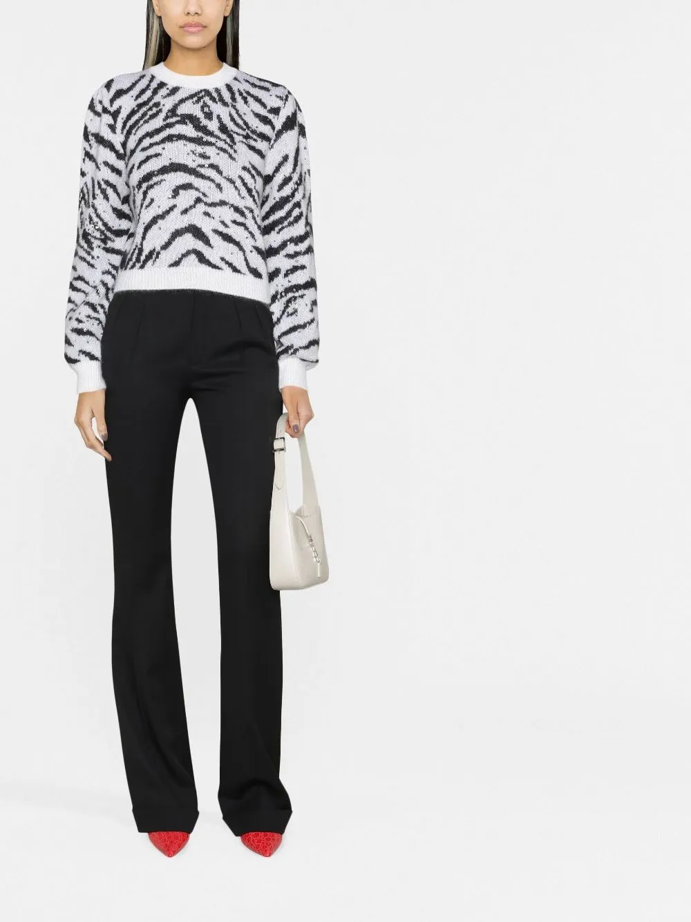 Maglione bianco e nero con fantasia animalier-donna