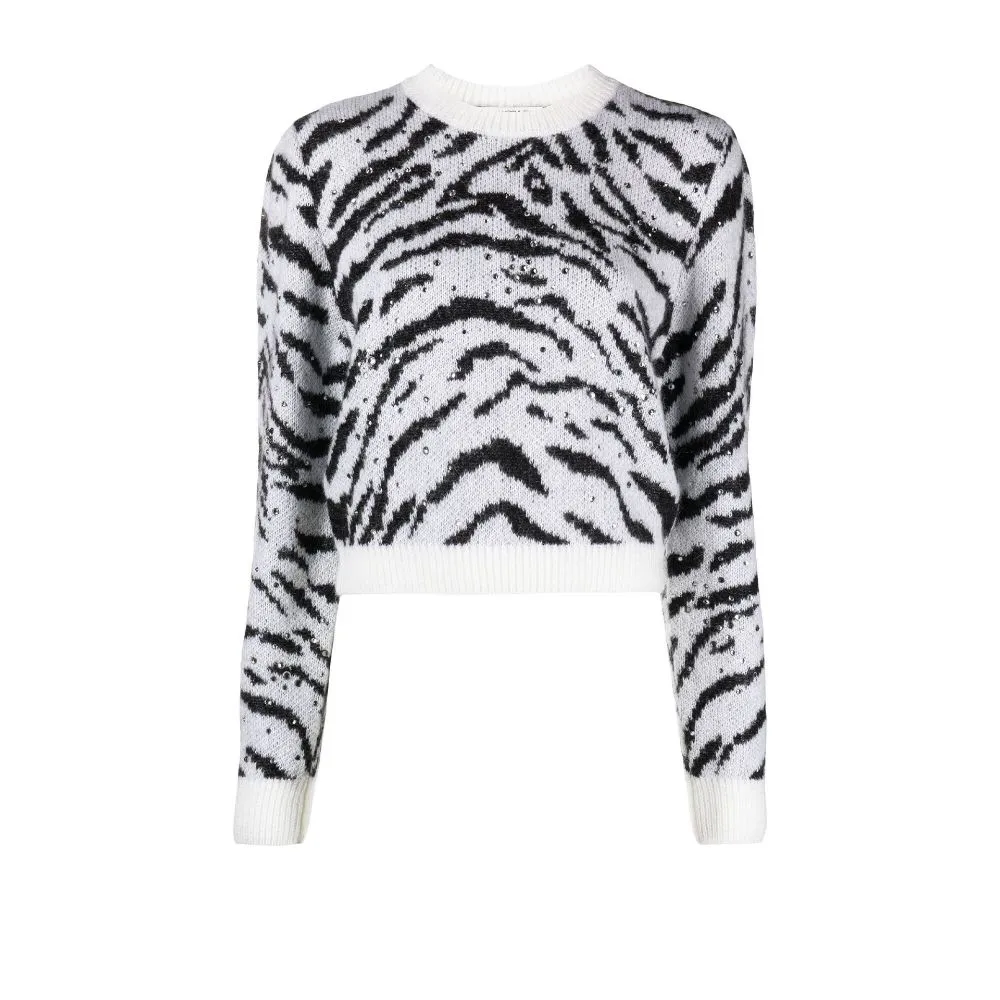 Maglione bianco e nero con fantasia animalier-donna