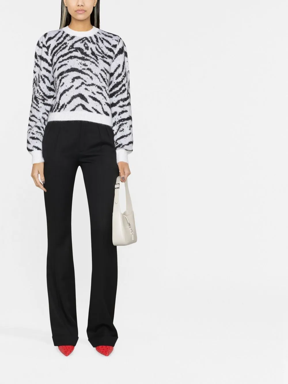 Maglione bianco e nero con fantasia animalier-donna