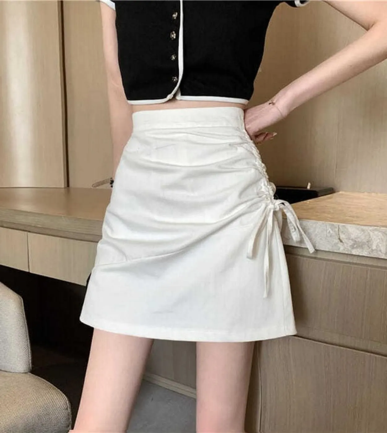 Moda estate donna gonne 2023 arricciatura tinta unita gonna a vita alta linea per ragazze minigonna casual donna