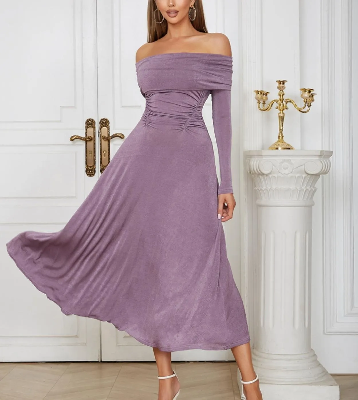Off The Shoulder manica lunga plissettata abito linea donna temperamento senza spalline viola abito longuette da sera Club Dres